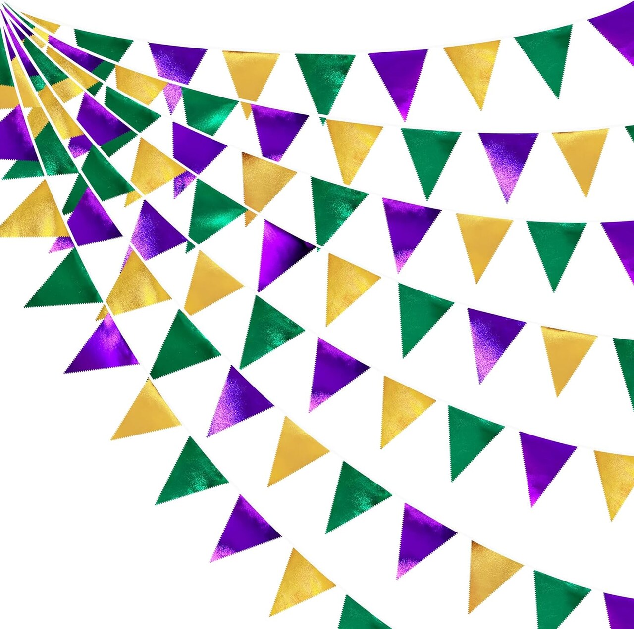 Mardi Gras Party Decorations – Purple, Green & Gold Metallic Fabric Triangle Pennant Banner, Hanging Bunting Garland for Birthday, Wedding, Baby Shower, Bridal Shower, Holiday & Masquerade Parties